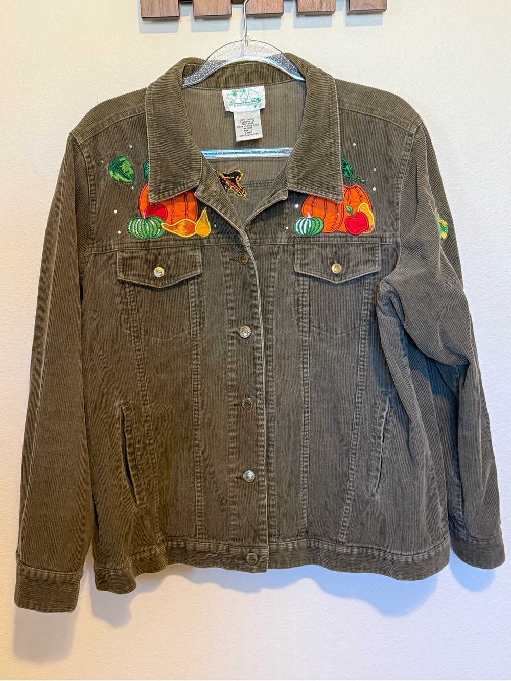 Quacker Factory Corduroy Pumpkin Embroidered Jacket - Olive Green